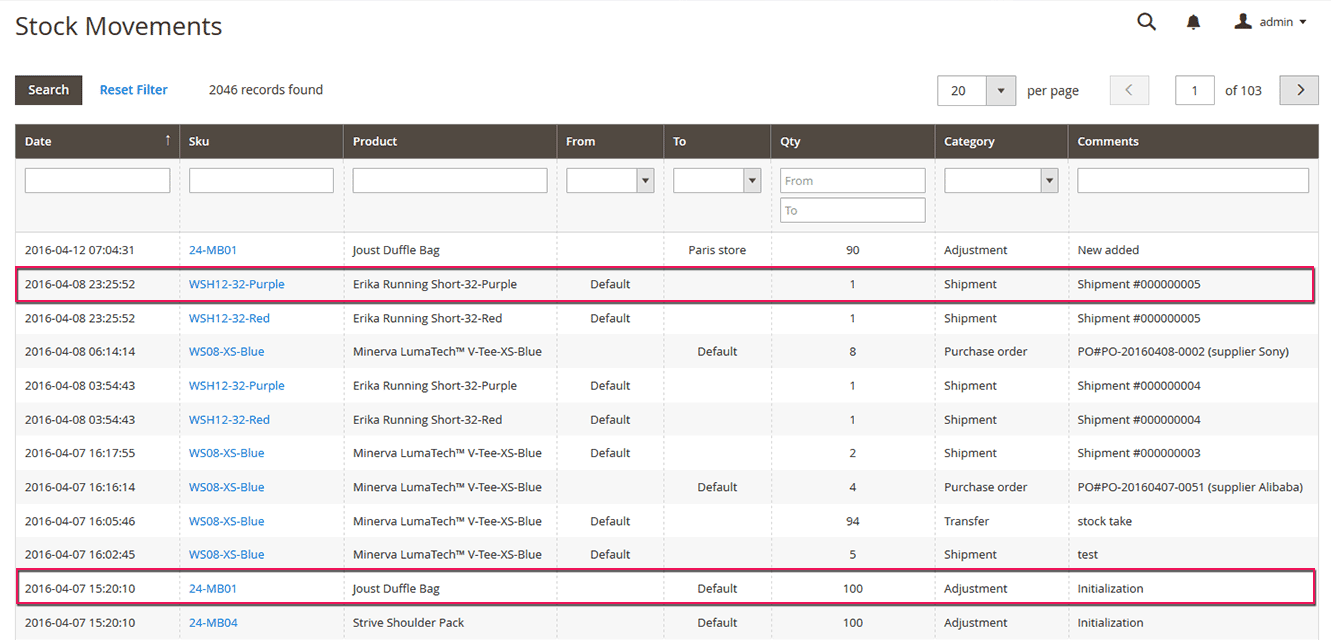 ERP magento 2 stock movement